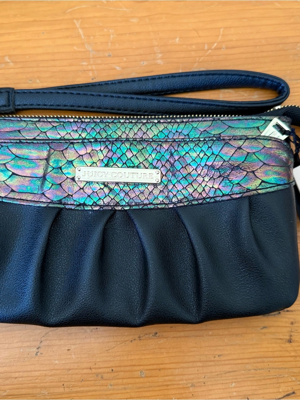 Juicy Couture Black Wristlet with Iridescent Mermaid Scale Accent New With Tags